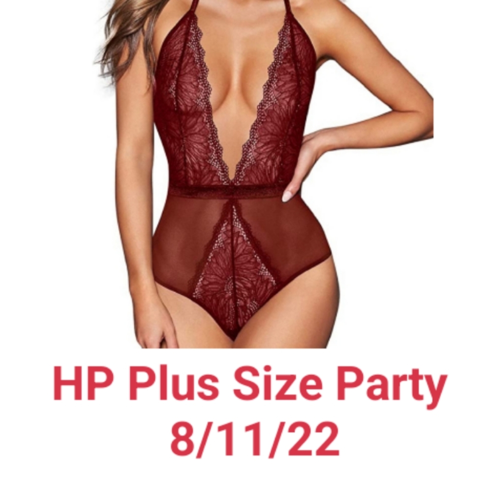 NWT Deep V-Neck Lace Halter Teddy Bodysuit – Dark Red/Burgundy lace